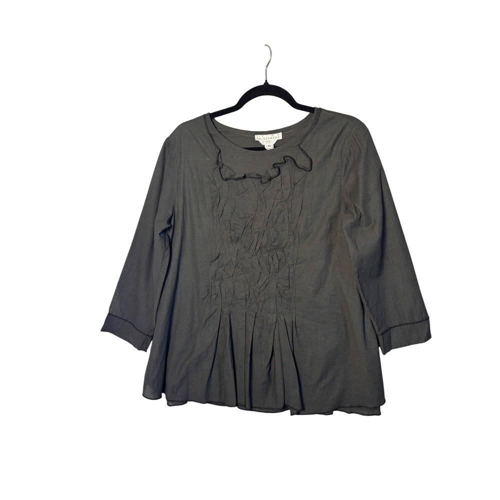 Leigh DeLeonardo Womens Top M Gray Pintuck Ruffle Lagenlook Artisan FLAW